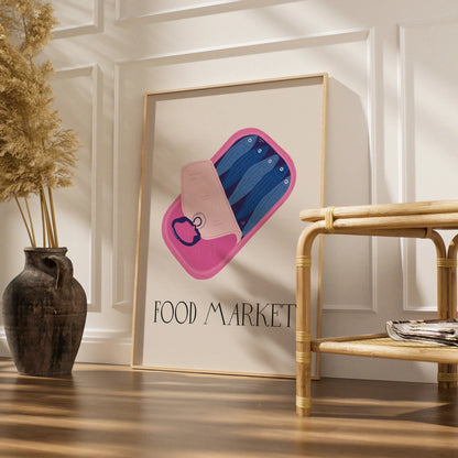 Sardine Tin Kitchen Print, Food Market Poster, Pink Fish Can Wall Art, Quirky Kitchen Decor