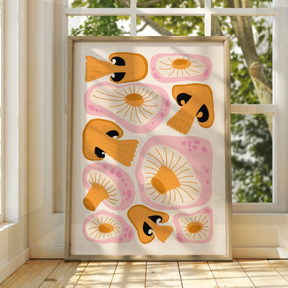 Mushroom Kitchen Art Print, Funky Retro Fungi Poster, Pink Orange Wall Art, Boho Kitchen Decor