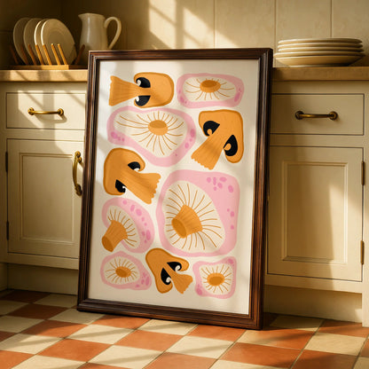 Mushroom Kitchen Art Print, Funky Retro Fungi Poster, Pink Orange Wall Art, Boho Kitchen Decor