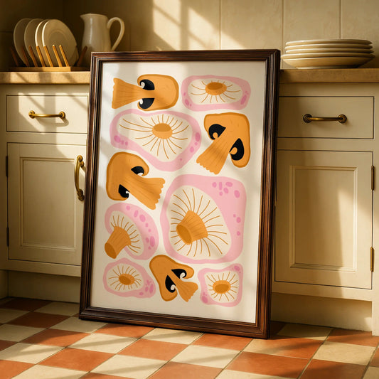 Mushroom Kitchen Art Print, Funky Retro Fungi Poster, Pink Orange Wall Art, Boho Kitchen Decor