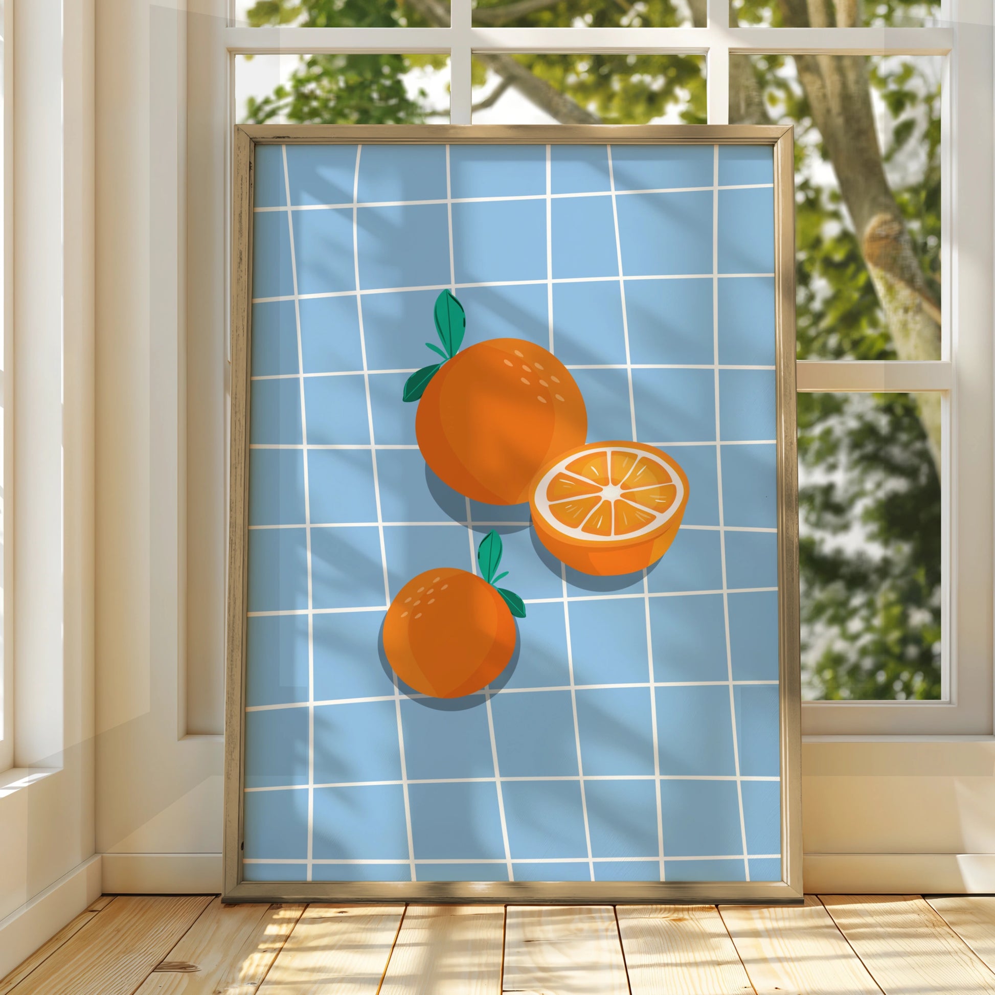 Orange Fruit Kitchen Wall Art, Citrus Poster, Blue Tile Print, Retro Kitchen Decor