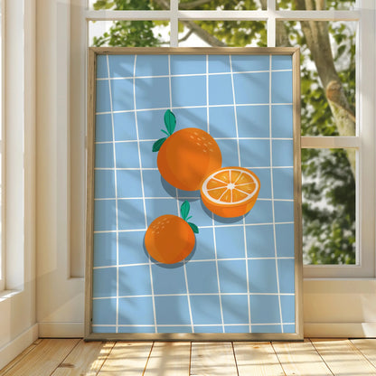 Orange Fruit Kitchen Wall Art, Citrus Poster, Blue Tile Print, Retro Kitchen Decor