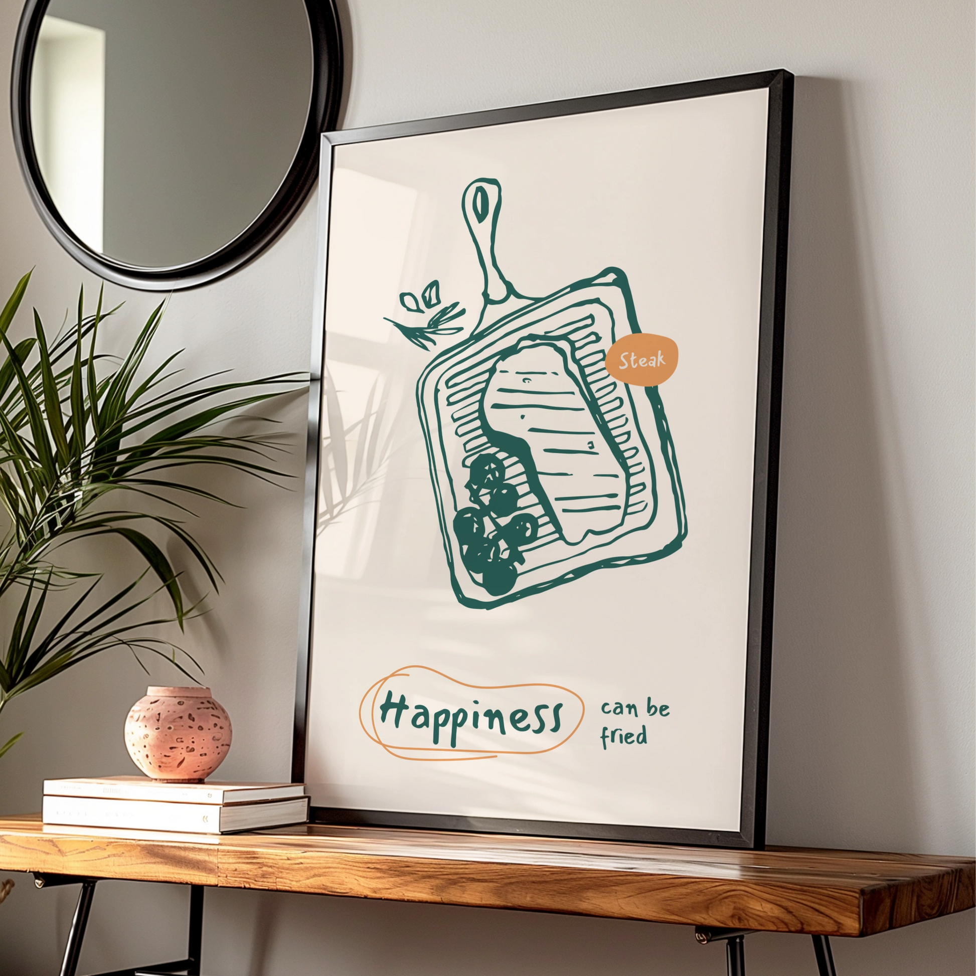 Steak Kitchen Wall Art, Happiness Can Be Fried Poster, Funny Food Print, Chef Gift