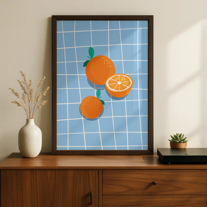Orange Fruit Kitchen Wall Art, Citrus Poster, Blue Tile Print, Retro Kitchen Decor