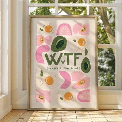 WTF Where's The Food Kitchen Wall Art, Funny Food Poster, Avocado Egg Print