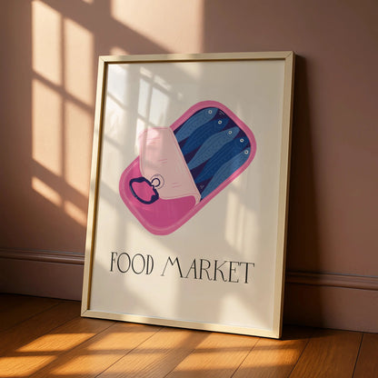 Sardine Tin Kitchen Print, Food Market Poster, Pink Fish Can Wall Art, Quirky Kitchen Decor