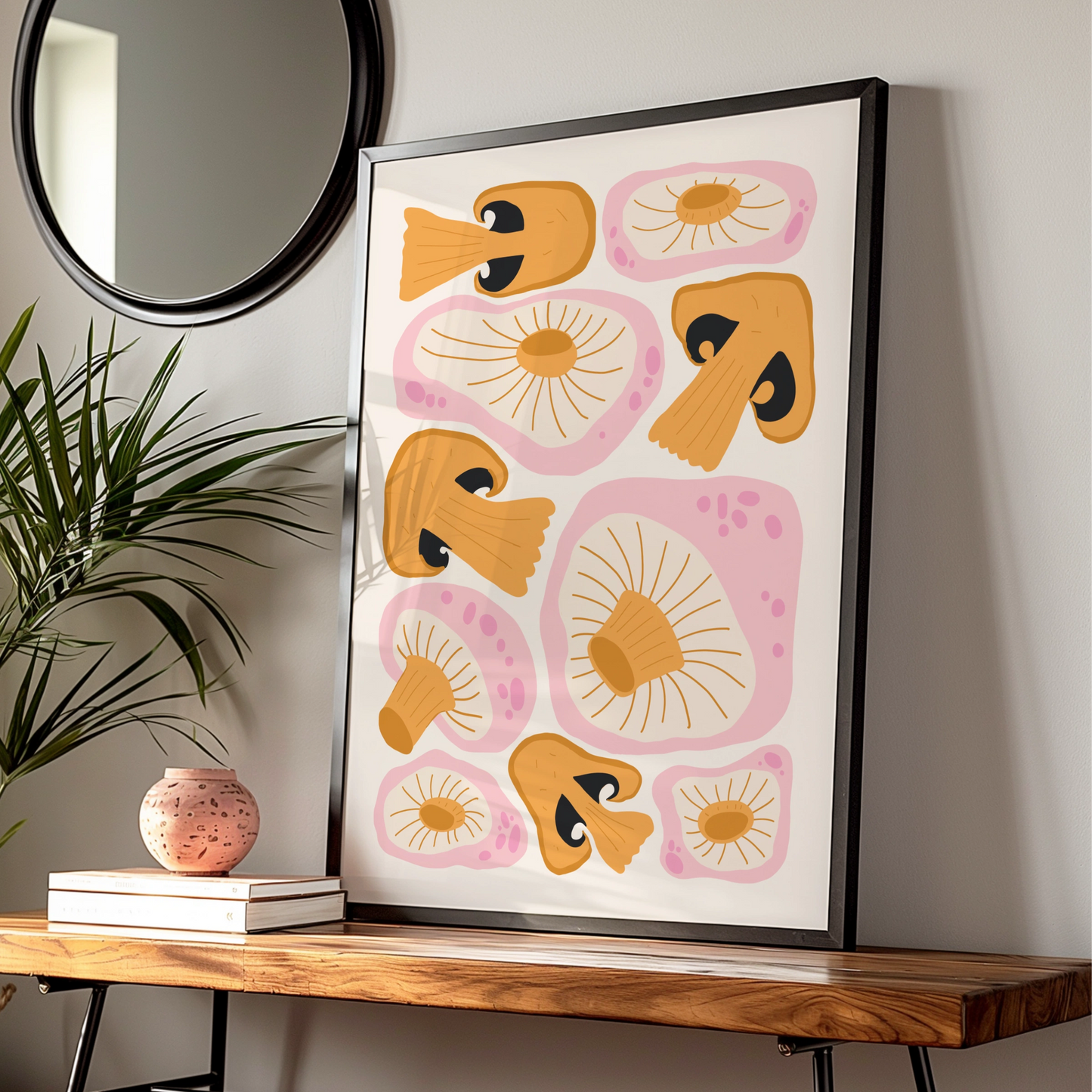 Mushroom Kitchen Art Print, Funky Retro Fungi Poster, Pink Orange Wall Art, Boho Kitchen Decor