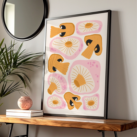Mushroom Kitchen Art Print, Funky Retro Fungi Poster, Pink Orange Wall Art, Boho Kitchen Decor