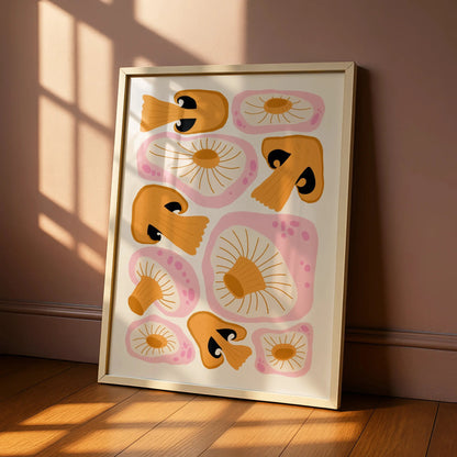 Mushroom Kitchen Art Print, Funky Retro Fungi Poster, Pink Orange Wall Art, Boho Kitchen Decor