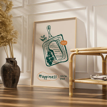 Steak Kitchen Wall Art, Happiness Can Be Fried Poster, Funny Food Print, Chef Gift