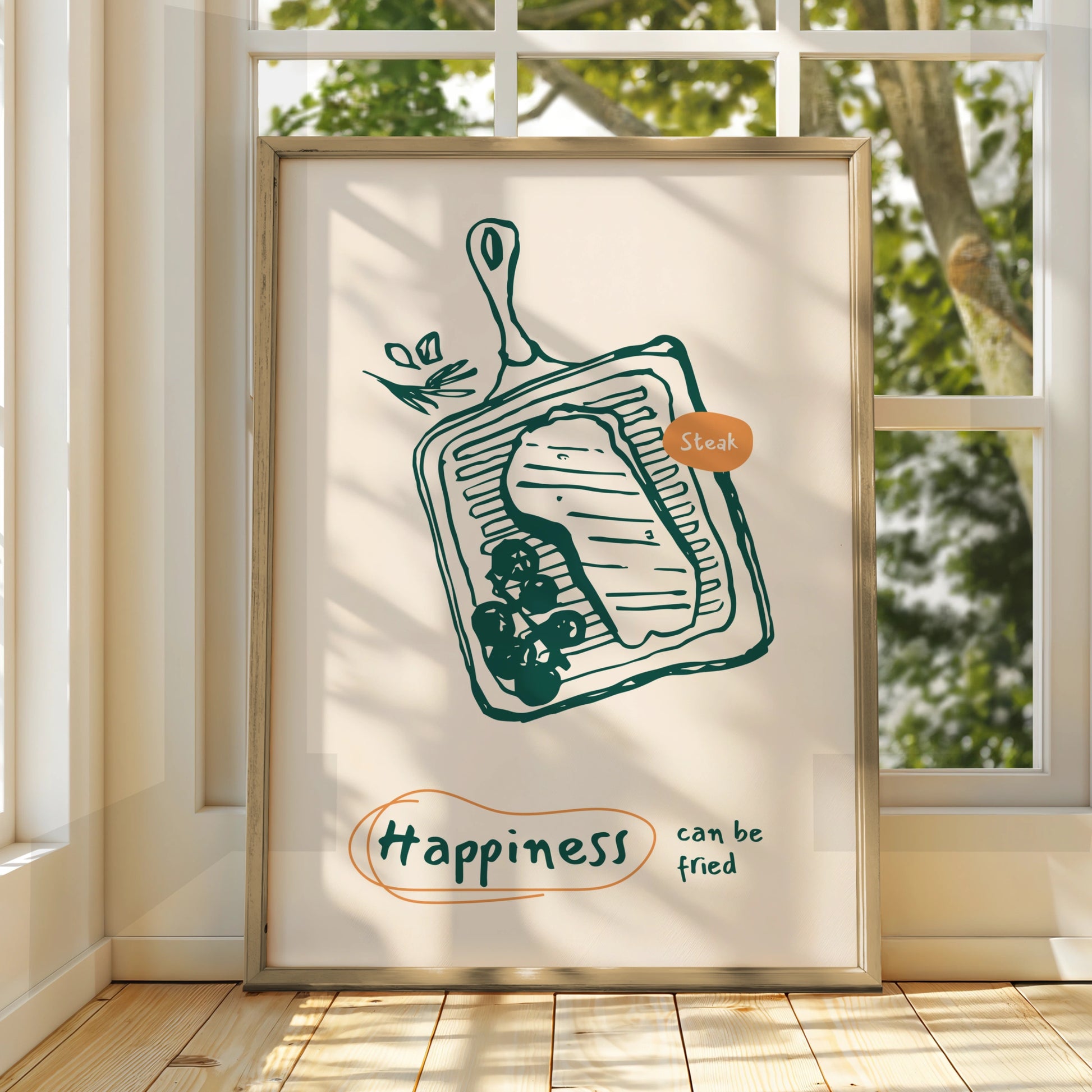 Steak Kitchen Wall Art, Happiness Can Be Fried Poster, Funny Food Print, Chef Gift