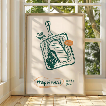 Steak Kitchen Wall Art, Happiness Can Be Fried Poster, Funny Food Print, Chef Gift