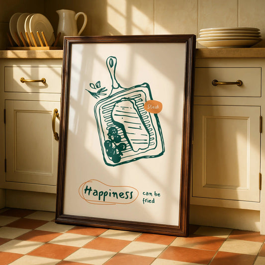 Steak Kitchen Wall Art, Happiness Can Be Fried Poster, Funny Food Print, Chef Gift