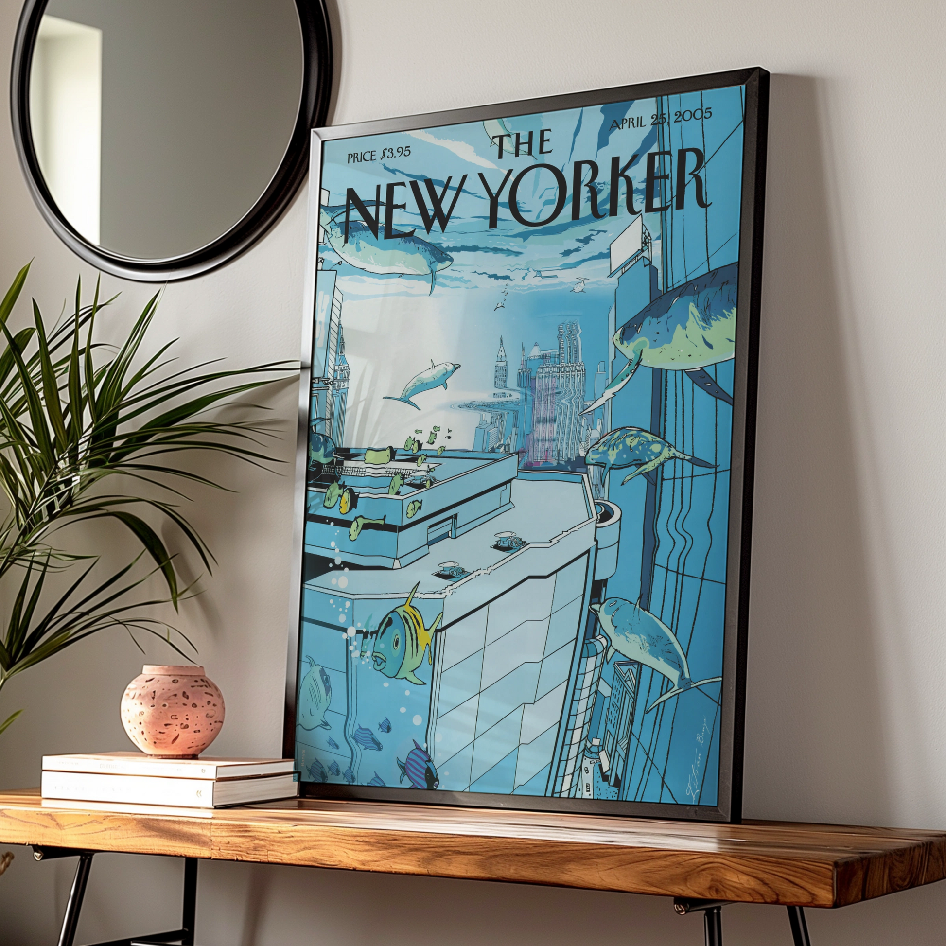 The New Yorker Poster April 2005, Underwater City Fish Art, Blue Ocean Wall Art