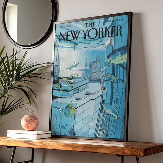The New Yorker Poster April 2005, Underwater City Fish Art, Blue Ocean Wall Art