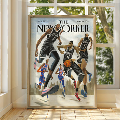The New Yorker Basketball Poster, Brooklyn Nets vs Knicks, NYC Sports Wall Art