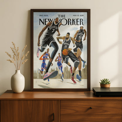 The New Yorker Basketball Poster, Brooklyn Nets vs Knicks, NYC Sports Wall Art