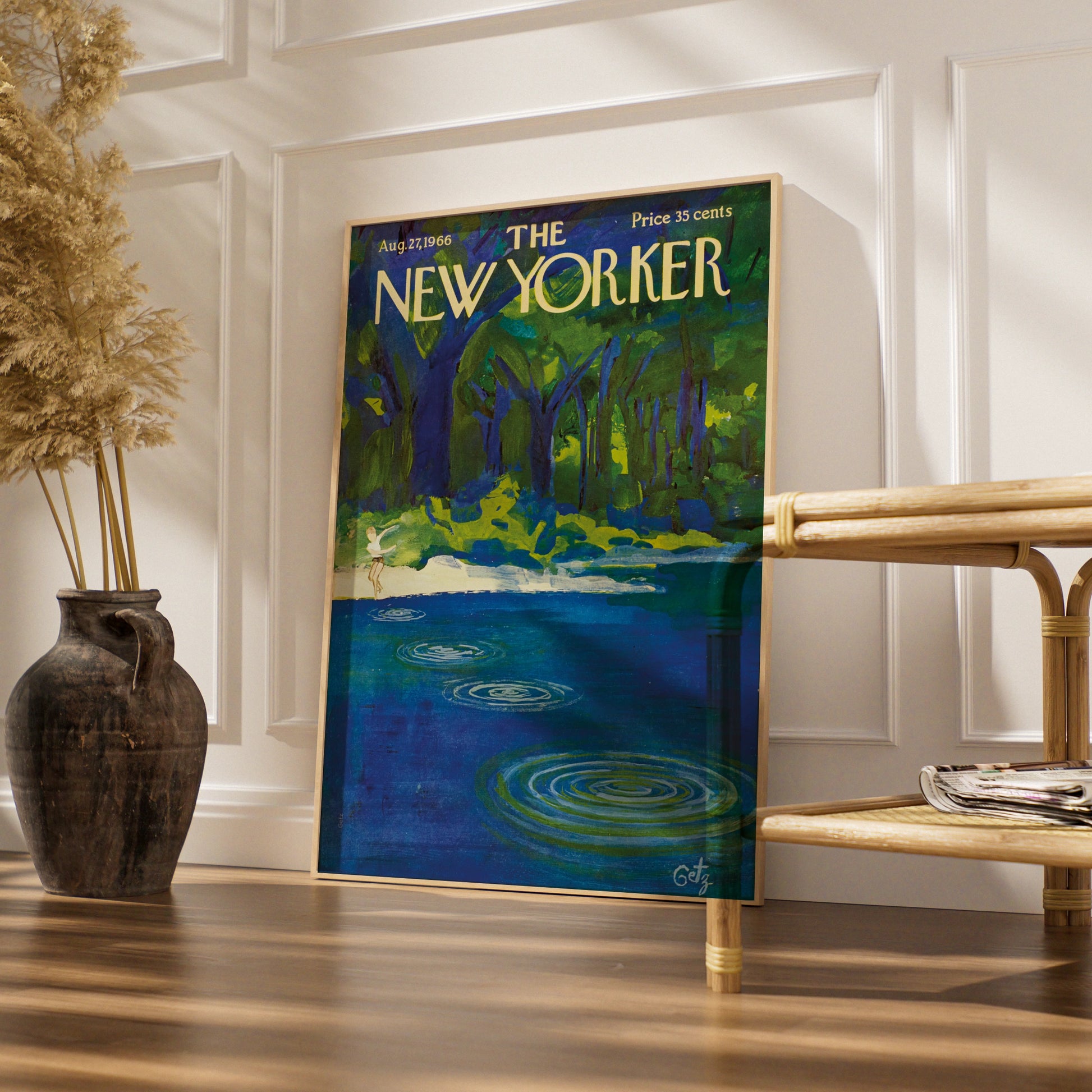 New Yorker Cover Art Poster 1966, Summer Lake Forest Print, Vintage Magazine Wall Art
