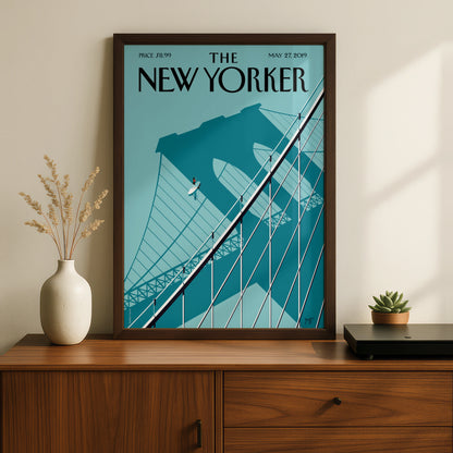 The New Yorker Poster, Brooklyn Bridge Art Print, Teal Minimalist NYC Wall Art