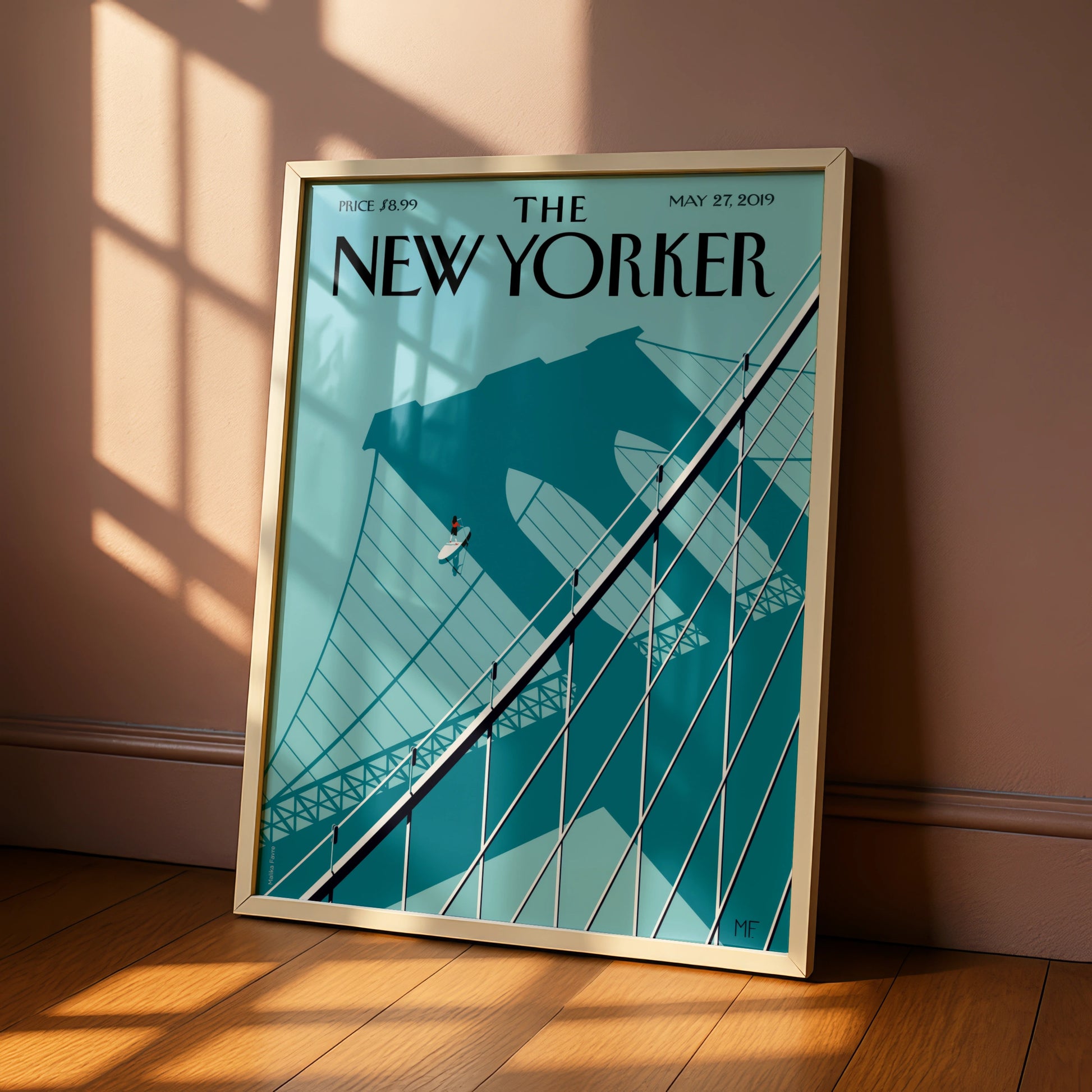 The New Yorker Poster, Brooklyn Bridge Art Print, Teal Minimalist NYC Wall Art