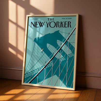 The New Yorker Poster, Brooklyn Bridge Art Print, Teal Minimalist NYC Wall Art