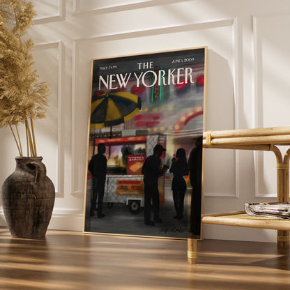 The New Yorker Cover Poster, NYC Street Food Cart Art, New York City Night Print