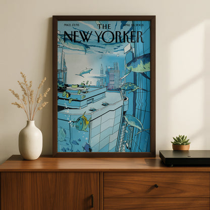 The New Yorker Poster April 2005, Underwater City Fish Art, Blue Ocean Wall Art