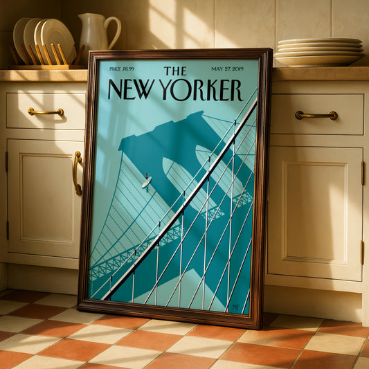 The New Yorker Poster, Brooklyn Bridge Art Print, Teal Minimalist NYC Wall Art