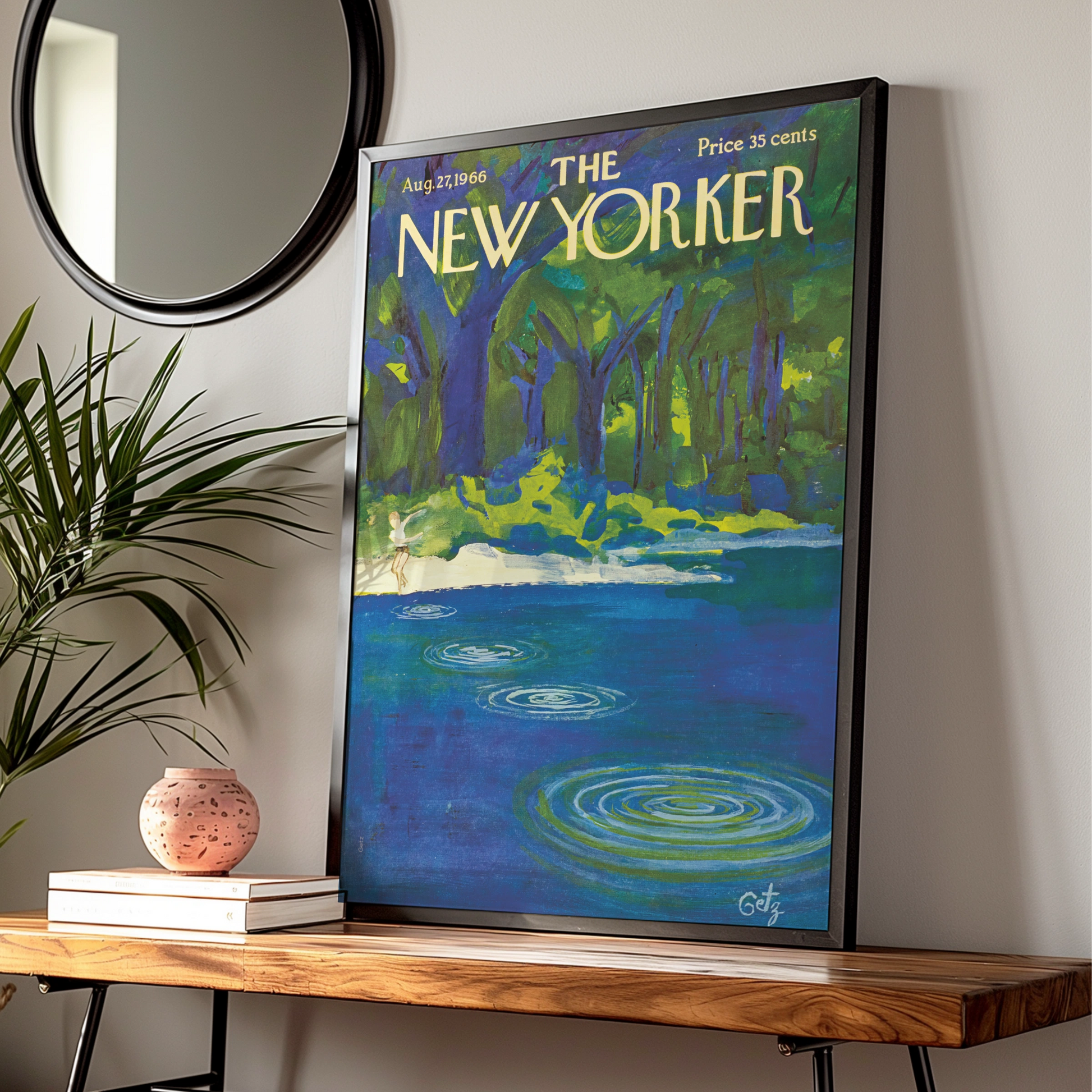 New Yorker Cover Art Poster 1966, Summer Lake Forest Print, Vintage Magazine Wall Art