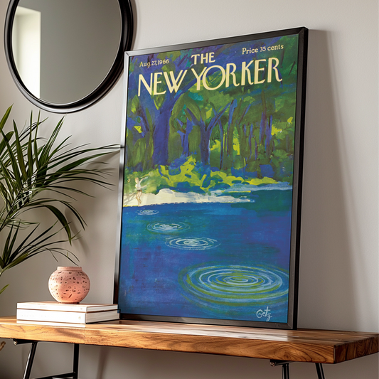 New Yorker Cover Art Poster 1966, Summer Lake Forest Print, Vintage Magazine Wall Art