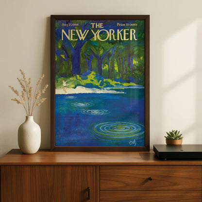New Yorker Cover Art Poster 1966, Summer Lake Forest Print, Vintage Magazine Wall Art