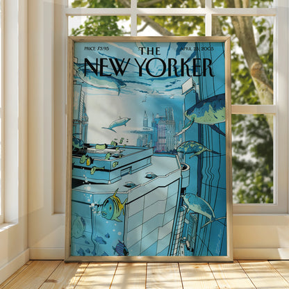 The New Yorker Poster April 2005, Underwater City Fish Art, Blue Ocean Wall Art