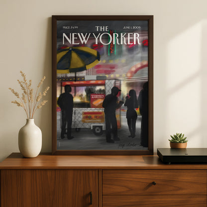 The New Yorker Cover Poster, NYC Street Food Cart Art, New York City Night Print