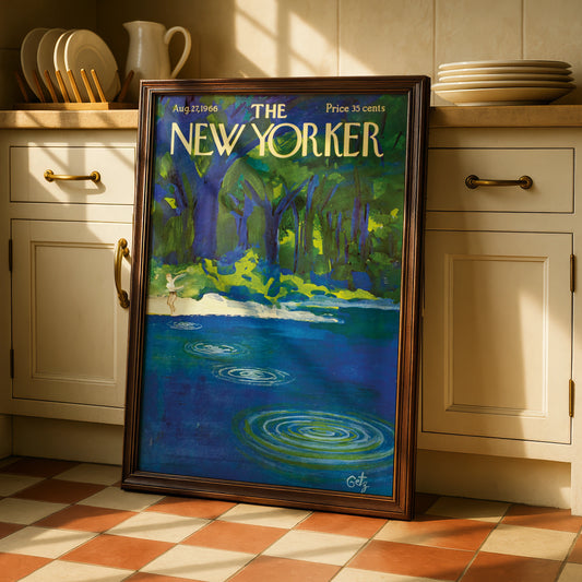 New Yorker Cover Art Poster 1966, Summer Lake Forest Print, Vintage Magazine Wall Art