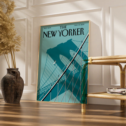 The New Yorker Poster, Brooklyn Bridge Art Print, Teal Minimalist NYC Wall Art
