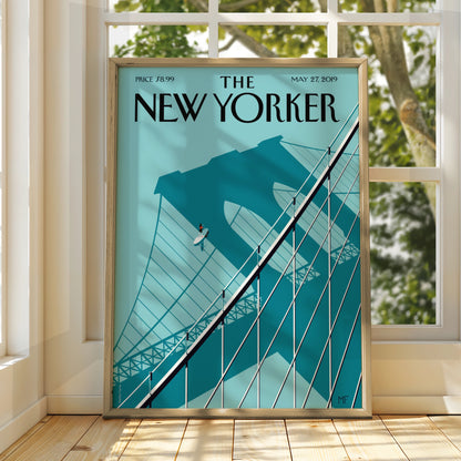 The New Yorker Poster, Brooklyn Bridge Art Print, Teal Minimalist NYC Wall Art