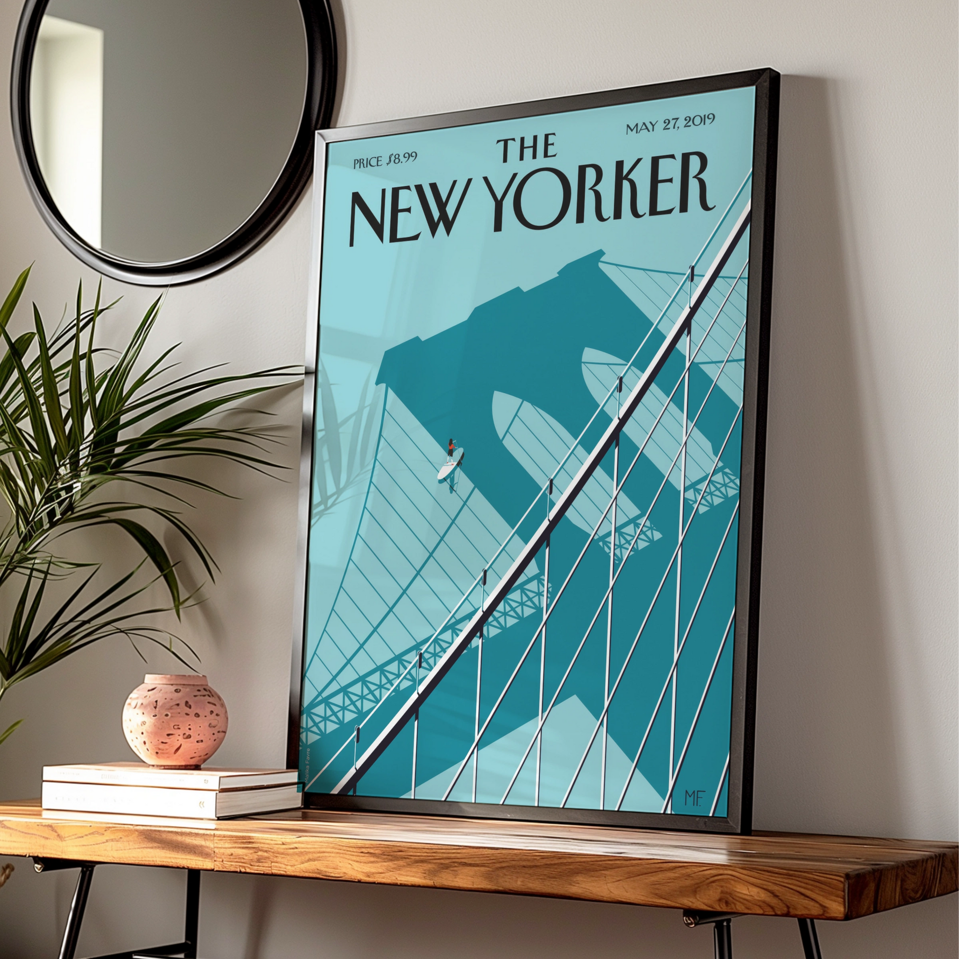 The New Yorker Poster, Brooklyn Bridge Art Print, Teal Minimalist NYC Wall Art