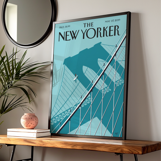 The New Yorker Poster, Brooklyn Bridge Art Print, Teal Minimalist NYC Wall Art