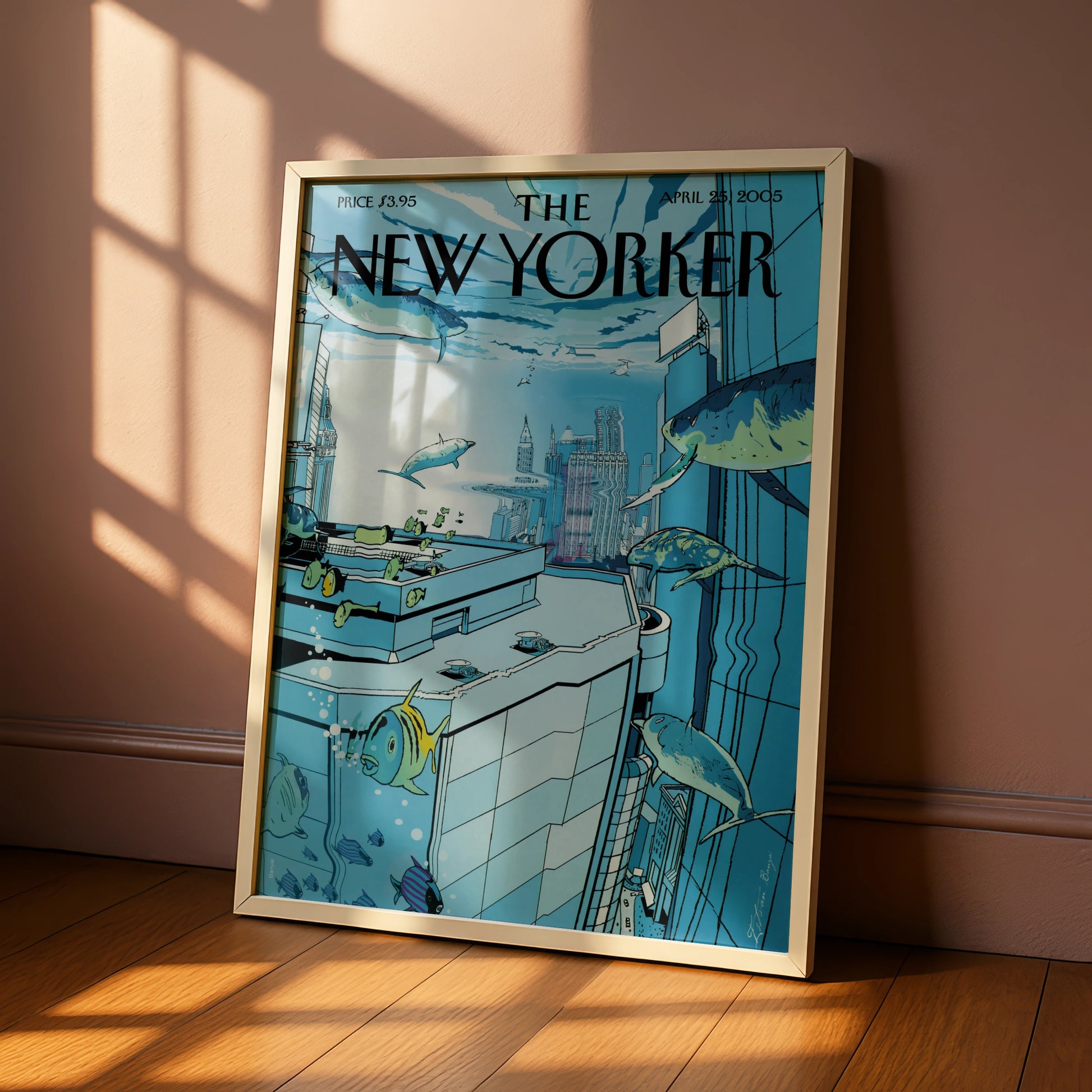 The New Yorker Poster April 2005, Underwater City Fish Art, Blue Ocean Wall Art