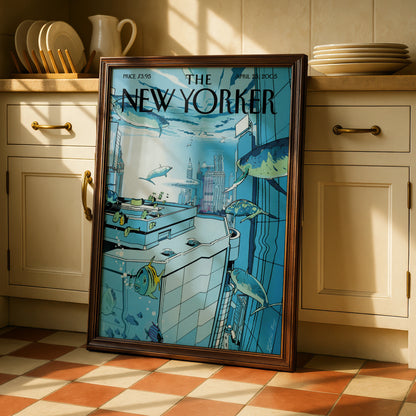 The New Yorker Poster April 2005, Underwater City Fish Art, Blue Ocean Wall Art
