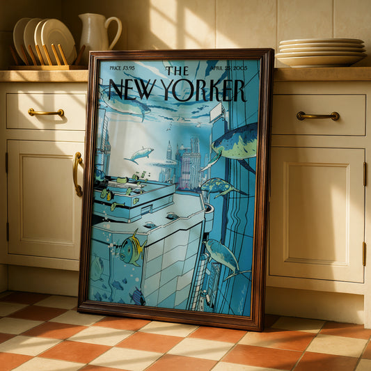 The New Yorker Poster April 2005, Underwater City Fish Art, Blue Ocean Wall Art