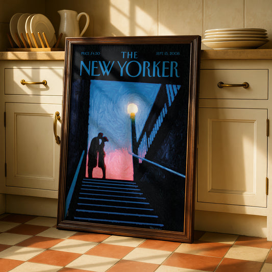 New Yorker Cover Poster, Romantic Couple Subway Night Art, NYC Wall Print
