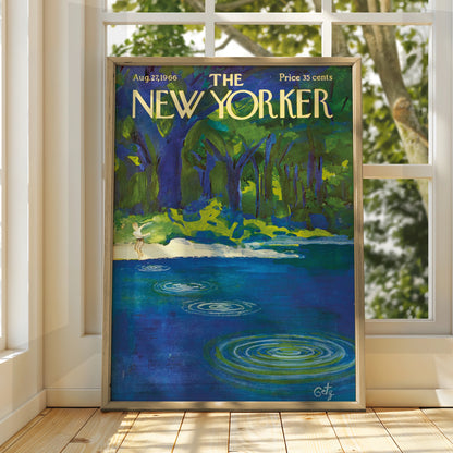 New Yorker Cover Art Poster 1966, Summer Lake Forest Print, Vintage Magazine Wall Art