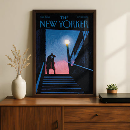 New Yorker Cover Poster, Romantic Couple Subway Night Art, NYC Wall Print