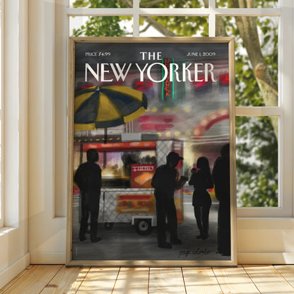 The New Yorker Cover Poster, NYC Street Food Cart Art, New York City Night Print