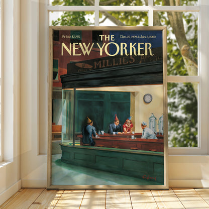 The New Yorker Cover Poster, New Year 2000 Nighthawks Diner Art, Vintage NYC Wall Art