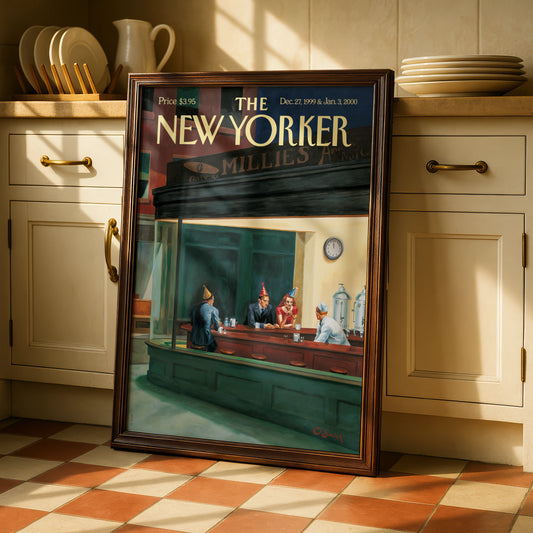 The New Yorker Cover Poster, New Year 2000 Nighthawks Diner Art, Vintage NYC Wall Art
