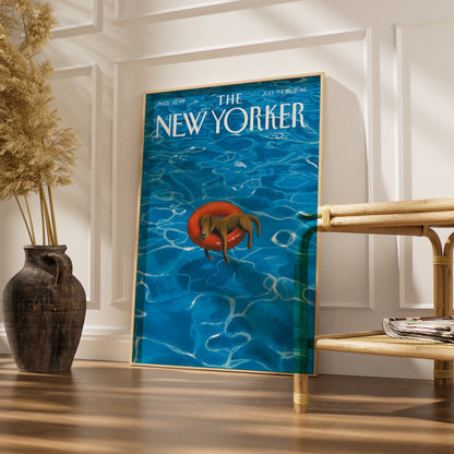 The New Yorker Dog Poster, Summer Pool Art Print, Dachshund Wall Art, Blue Vintage Cover