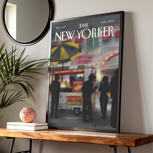The New Yorker Cover Poster, NYC Street Food Cart Art, New York City Night Print