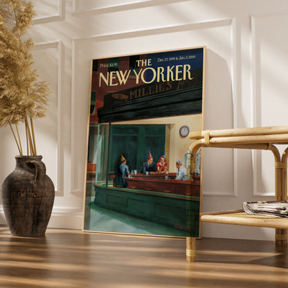 The New Yorker Cover Poster, New Year 2000 Nighthawks Diner Art, Vintage NYC Wall Art